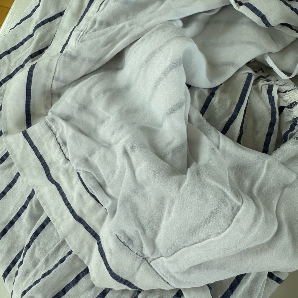 ZARA White Navy Blue Striped Tie Back V Neck Blouson Sleeve Cropped Blouse Sz L - Picture 8 of 10